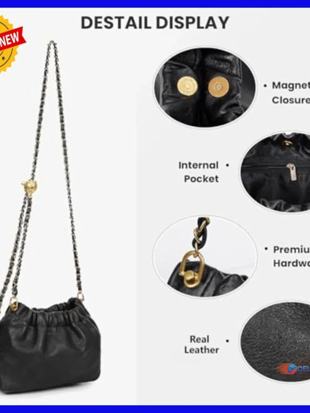 Genuine Leather Hobo Bag with Chain Strap, Convertible Shoulder Crossbody Purse